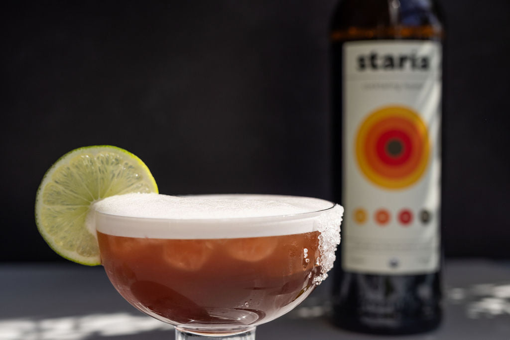 Cranberry Margarita made with Staria cocktail liqueur