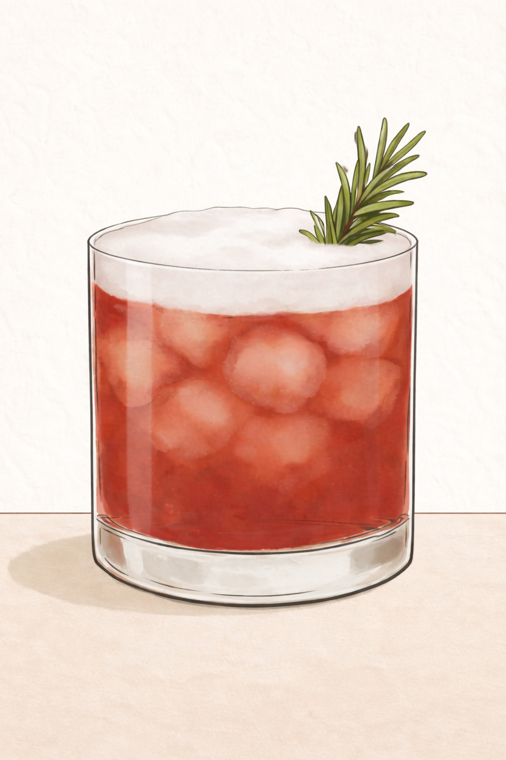 Red cocktail with ice and a sprig of rosemary in a clear glass on a white background