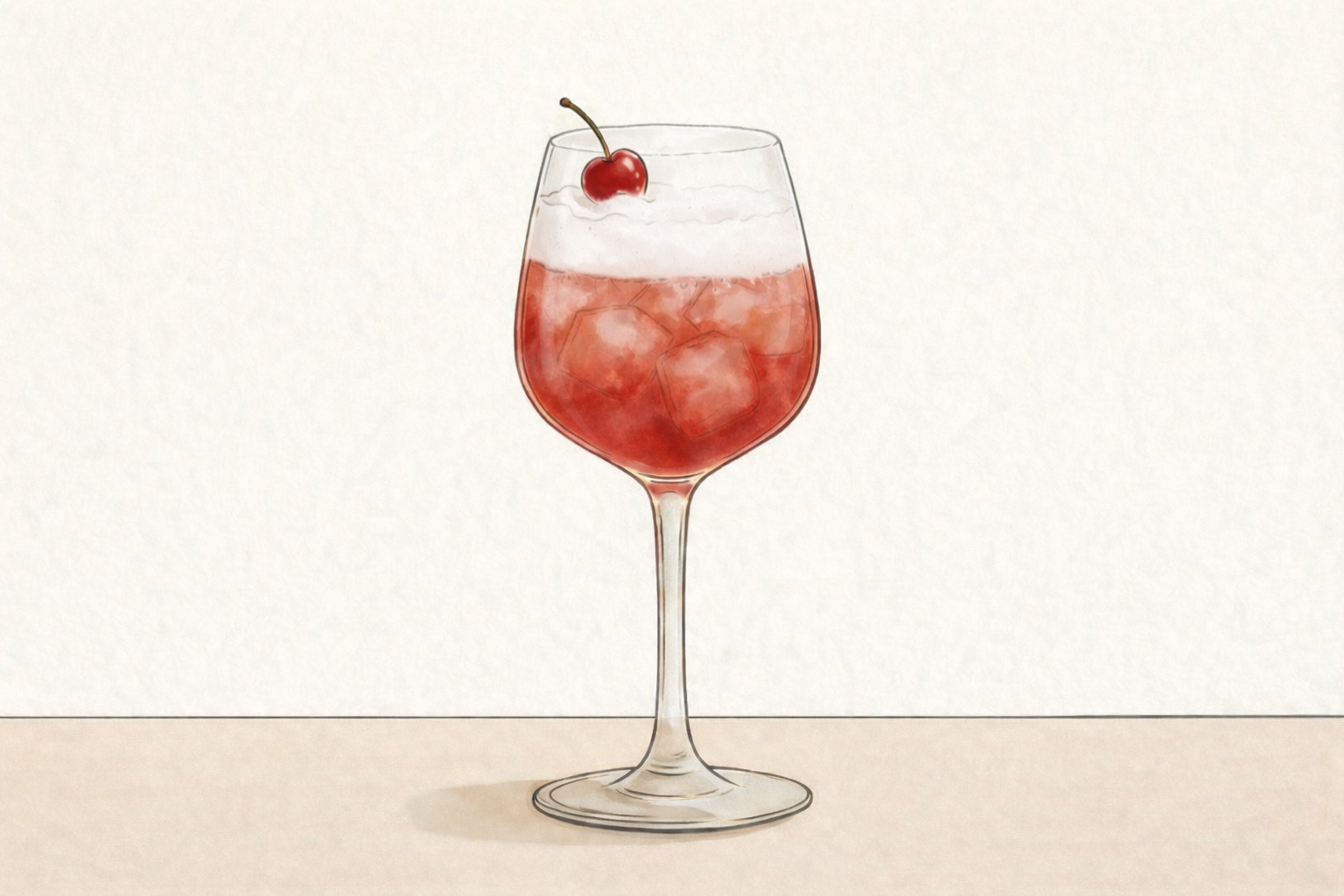 Red cocktail with a cherry in a wine glass on a white background